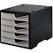 A black desk organizer with five light grey drawers.