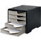 Black storage system with four gray drawers. Three drawers are closed, one is open with white paper.