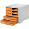 Grey drawer tower with four orange drawers.