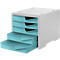 A white drawer system with four light blue drawers pulled out.