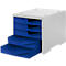 White drawer cabinet with four open, blue drawers. Cabinet has ribbed sides.