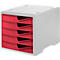 White stackable drawer container with five red drawers.