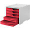 A white file organizer with four red drawers pulled out. The drawers are stacked and slightly angled.