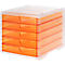 Orange, transparent drawer tower with five drawers, lid with recesses. Plastic. Drawers with recessed handles.