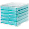 Transparent turquoise drawer box with four drawers, white base and lid.