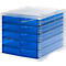 A stackable drawer system with five blue drawers. The casing is transparent.
