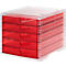 Red drawer cabinet with transparent housing. Five drawers, stacked. Lid with four holes.