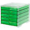A green drawer system with five drawers. The transparent casing encloses the green drawers.