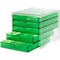 Transparent green letter tray organizer with multiple drawers. One drawer is slightly pulled out.
