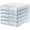 Transparent plastic filing tray with 5 drawers. Metal handles on the drawers. Stackable.
