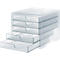 Transparent, stackable desk organizer with five drawers, one is open.
