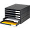 Black filing cabinet with 5 drawers. Two are open, with yellow and white sheets. Each drawer has a label.