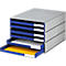 Gray, rectangular drawer cabinet with blue drawers. Two drawers are open, one with yellow paper, one with white paper.