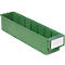 Green plastic box with white label field. Rectangular shape with division into compartments.