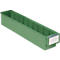 Long green plastic box with rectangular recess for labeling. Internally divided.
