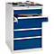 Tool cabinet with an open, blue painted drawer. Tools are placed on top, on a black, ribbed surface.