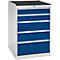 White cabinet with five dark blue drawers. Black, corrugated top.