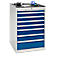Tool cabinet with blue drawers, white frame, tools and gloves on top.
