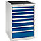 Tool cabinet with white sides and blue drawers, black ribbed top.