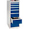 Cabinet with blue drawers, one is open. Tools are on the cabinet.