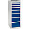 A white tool cabinet with blue drawers. The cabinet is white on top and on the sides. The drawers are blue and separated by white strips.