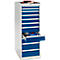 Tool cabinet with blue drawers, one drawer open, filled with tools.