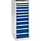 White cabinet with blue drawers. The cabinet has a narrow shape and a closing system.