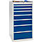 Tool cabinet with blue drawers and tool tray. White case, drawers with white handles.