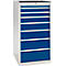 White and blue tool cabinet with 8 drawers. Drawers are blue, frame white, black top.