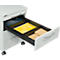 Open white filing cabinet drawer filled with paper, documents and yellow folders.