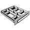 Drawer with dividers for cutlery. Black and white drawing, perspective, detail.