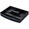 Black drawer organizer tray with compartments and the word HAN. Curved shape, smooth surface.