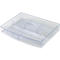Transparent plastic drawer organizer with multiple compartments.