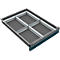 Dark gray drawer with subdivisions. Small white elements are attached to the top, forming the partitions.