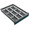 A rectangular gray container with compartments, ideal for sorting and storing items.