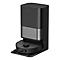 Schwarzer Roboter-Staubsauger mit Dockingstation. Der Roboter hat eine runde Form, die Station ist quadratisch.