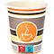 Paper cup with brown, yellow and orange stripes. Print with coffee cup and the note "Product contains plastic".