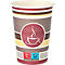 Paper cup with brown and yellow stripes and coffee logo.