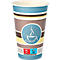 Paper cup with blue, brown, and yellow stripes. In the middle, a blue logo featuring a coffee cup and steam.