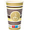 Paper cup with coffee logo. Brown, yellow and white stripes. Printed: Product contains plastics. Symbol coffee.