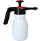 Weiß-schwarze Sprühflasche mit rotem Pumpkopf und Sprühdüse. Der Griff ist schwarz.