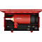 Roter Werkzeugkasten mit Hydraulikzylinder und Werkzeugen. Werkzeugkasten mit Zylinder und Werkzeugen.