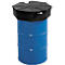 Blue metal barrel with black lid. The lid has an irregular hexagonal shape and a clasp.