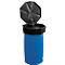 Blue trash can with octagonal black lid, open.