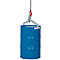 Blue metal drum being transported by a lifting device hanging from a chain.