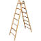 Houten dubbele ladder, opgesteld in een A-vorm, met kettingbeveiliging en een blauwe sticker.
