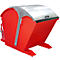Red metal tipping skip with silver lid, with forklift entry openings.
