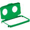 Green plastic box with two circular holes and a rectangular frame. Lid is open.