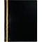 Black binder with yellow stripe on the side, handle and text.