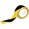 Yellow and black hazard tape unravelling from a roll.